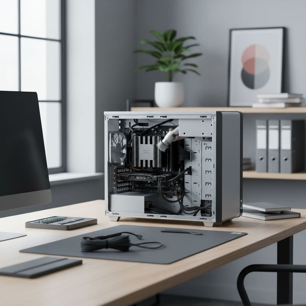 A desktop computer case sits open on a clean desk during a technical maintenance procedure.