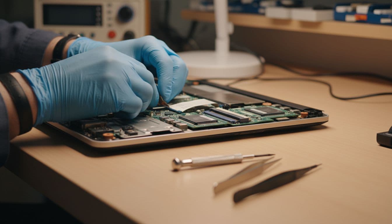 A technician repairs the internal components of a laptop on a clean wooden desk.