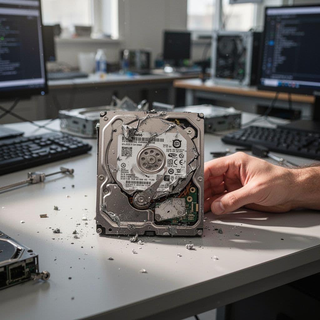 A damaged desktop hard drive rests on a clean workshop desk beside a person's resting hand.