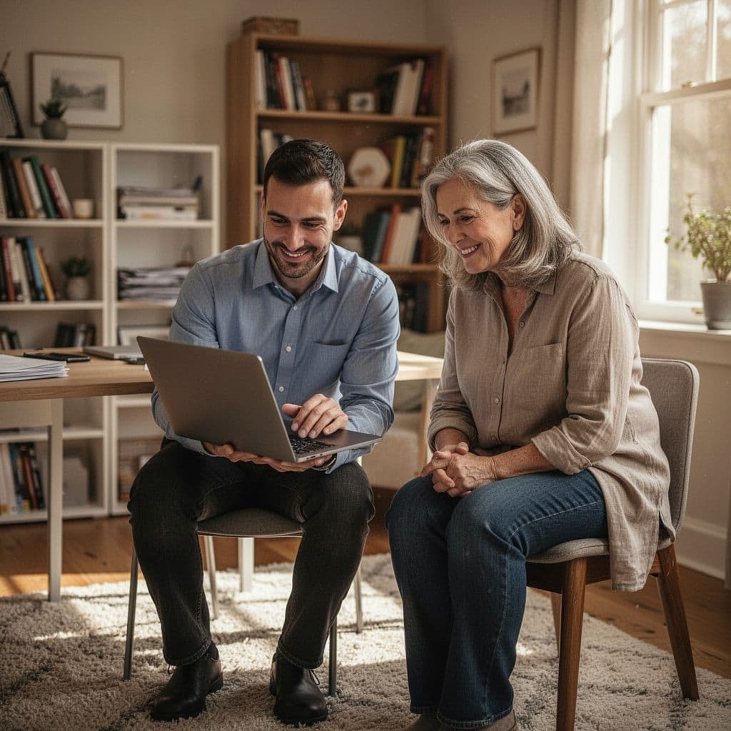 A technician assists a person with their laptop in a cozy home office setting.