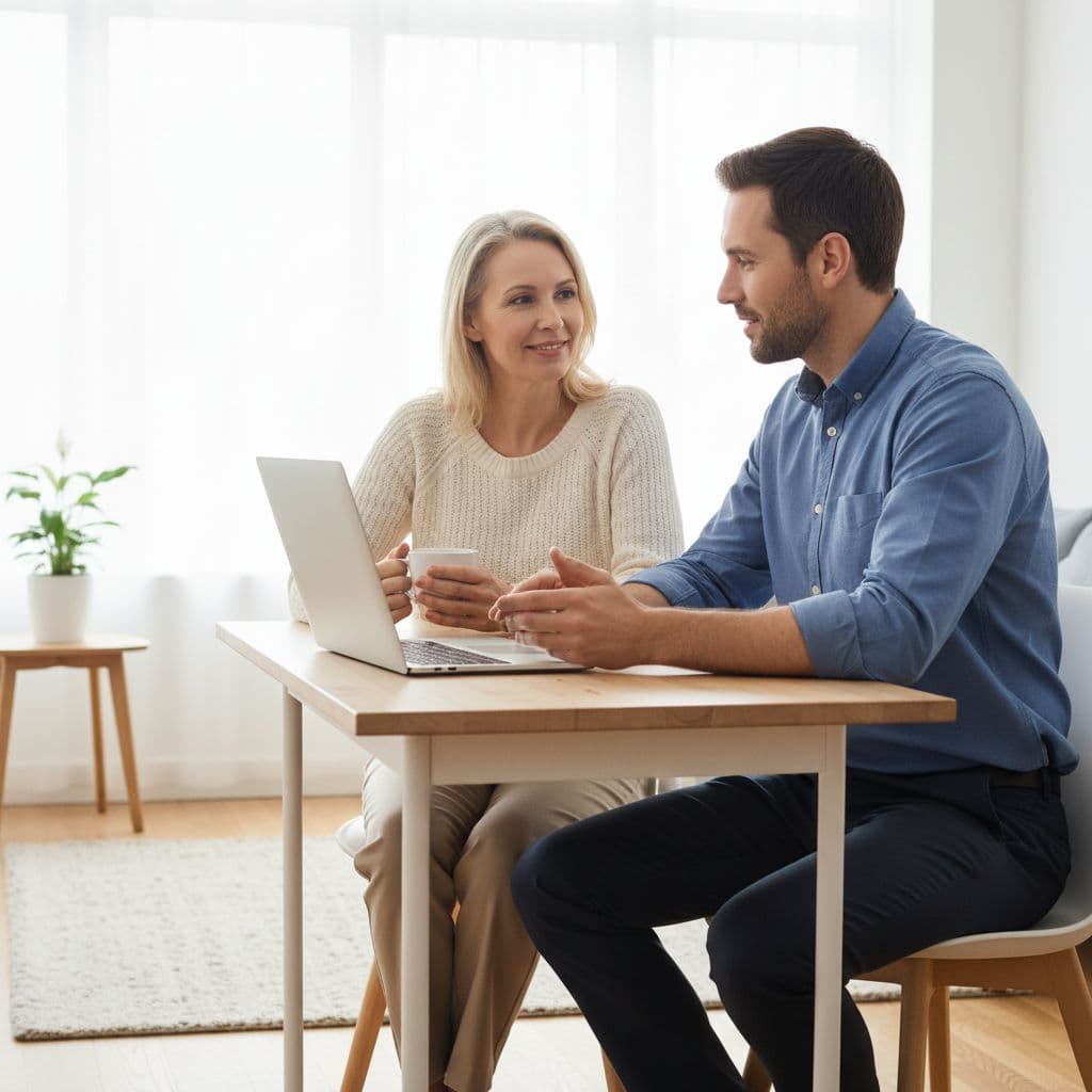 A technician calmly explains a solution to a customer sitting at a home desk.