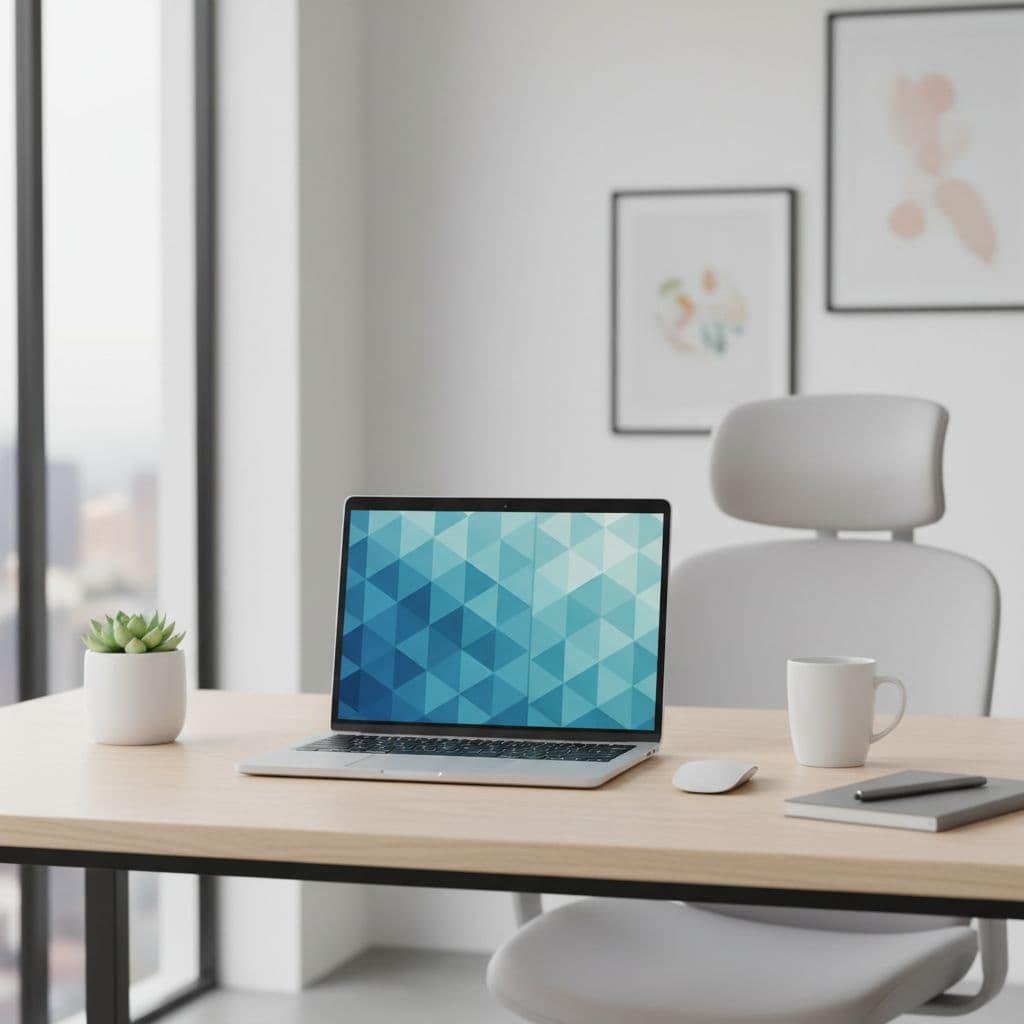 A clean desk setup featuring an open laptop bathed in soft natural light.