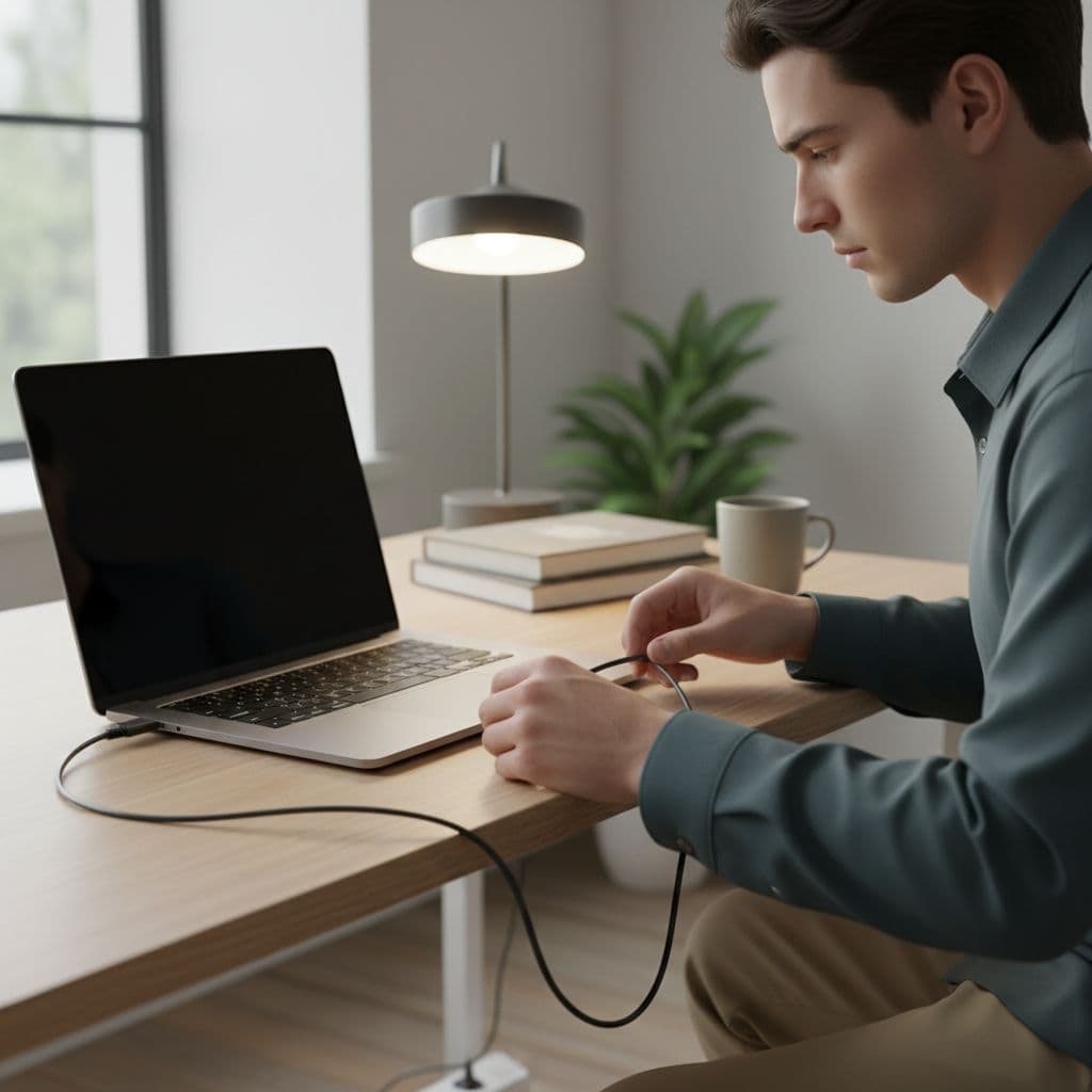 A person sits at a clean desk inspecting a laptop power cable while the screen remains black.